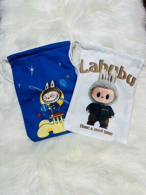 Bundle of 2 medium size Labubu Kids Drawstring Bag Set - Blue & White